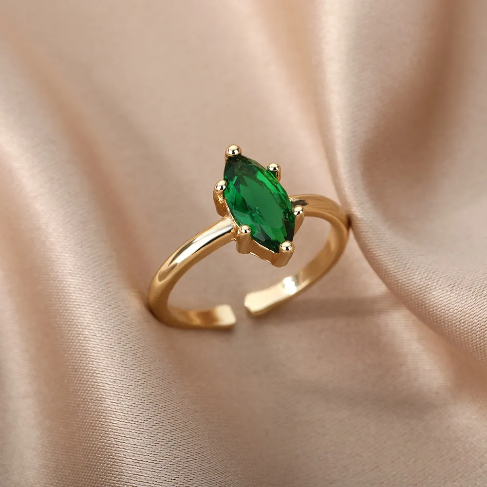 حلقات زركون خضراء للنساء الفولاذ المقاوم للصدأ القابل للتعديل أصابع البلادة رنين الزفاف الإناث هدية المجوهرات الجمالية 2023