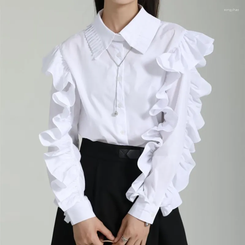 Dames Blouses Ontwerper Mode Effen Witte Blouse 2023 Lente Elegante Ruches Mouwen Knoppen Omhoog Koele Zwarte Shirts OL Stijl Vrouwen Tops