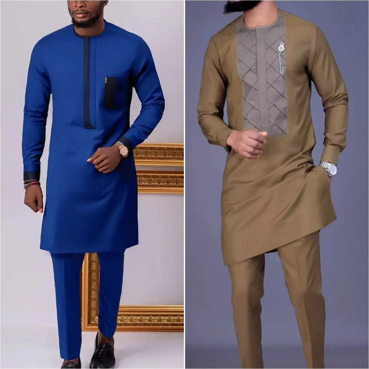 Herrspårsspår Kaftan Man Outfits Set Top Pants Long Sleeve T Shirt Trouser 2st Male Suits Cothing Traditionell Casual Ethnic Style Wedding 230719