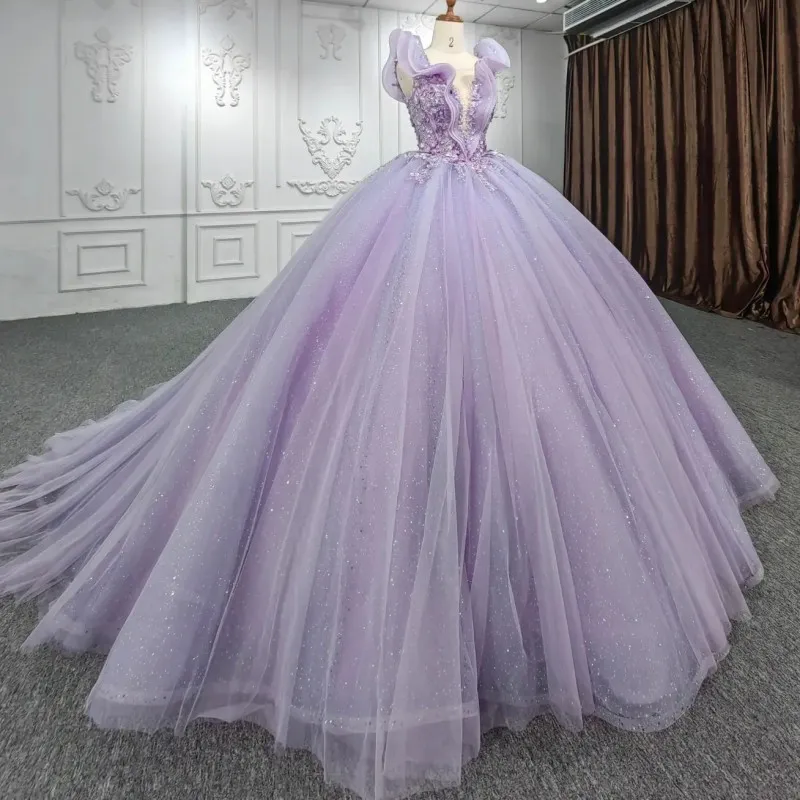 Luxury Lavender Glittering O-Neck Quinceanera Dress Beading Applique 3DFlower Lace Vestidos De 15 Anos Ball Gown