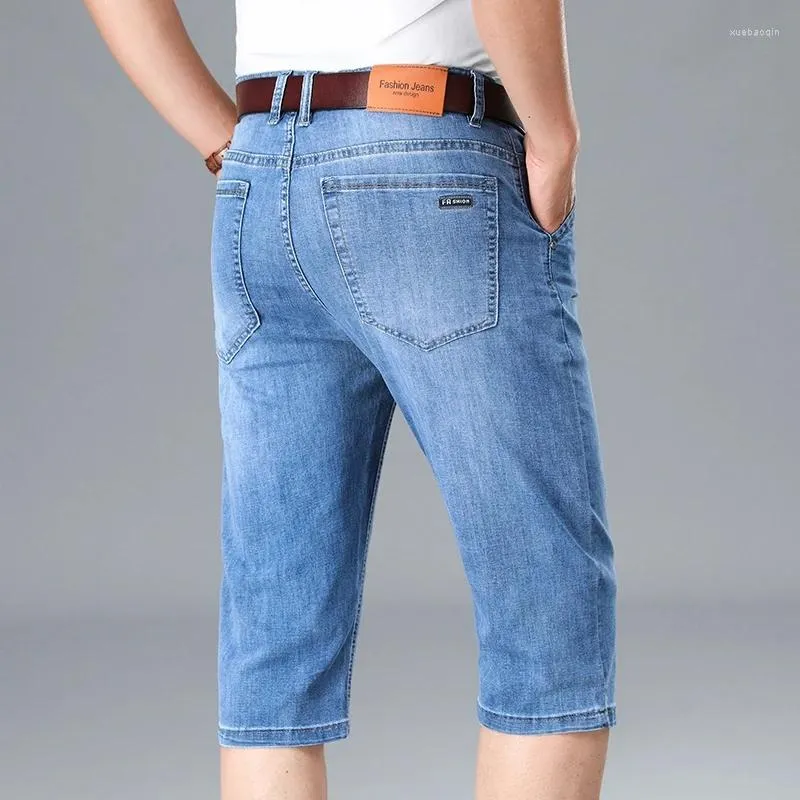 Herenjeans Zomer Dunne Stretch Korte Zakelijke Casual Blauwe Rechte Pijpen Katoenen Denim Kuitlange Broek Mannelijke Merkkleding