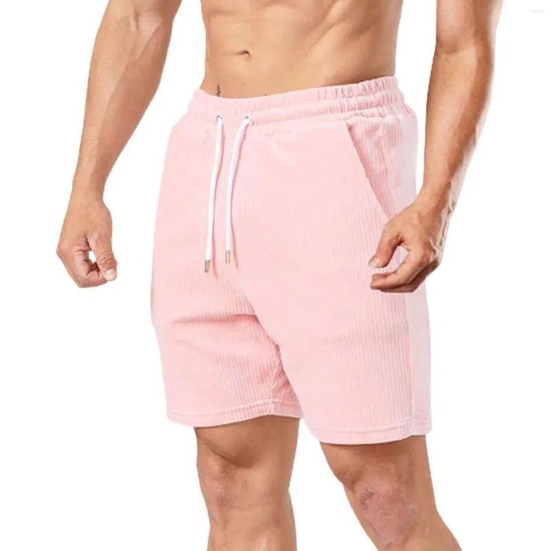 Men's Shorts Corduroy Summer Trunks Solid Color Beach Wear Streetwear Drawstring Elastic Waist Homme Pink Short Pants