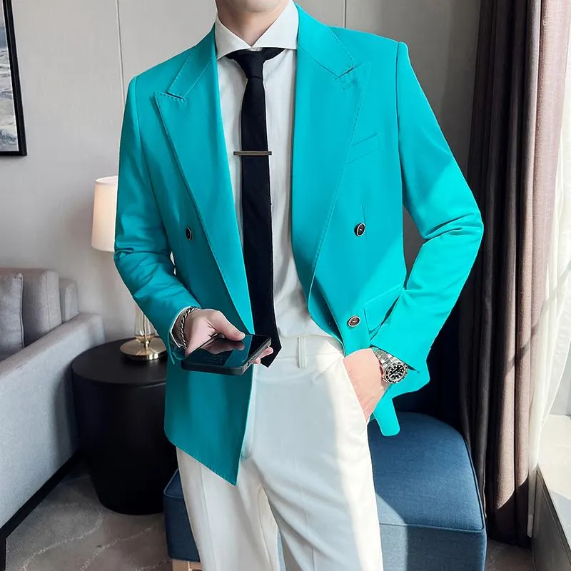 Мужские костюмы Британская осень Bold Bright Color Double Breads Business Comse Slim Casual Wedding Dress Fashion Sense Blazer