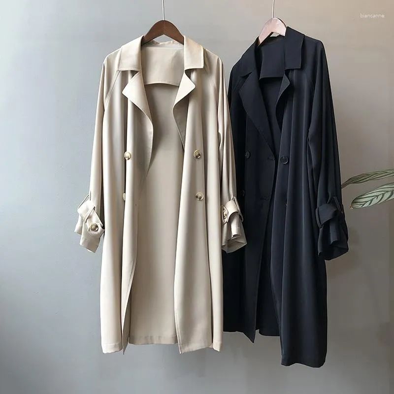 Kvinnors dike rockar Spring Autumn Women Coat Solid Lapel Collar Dubbelbröst Midlängd vindbrytare Kvinna Ytterkläder Gaardina Mujer