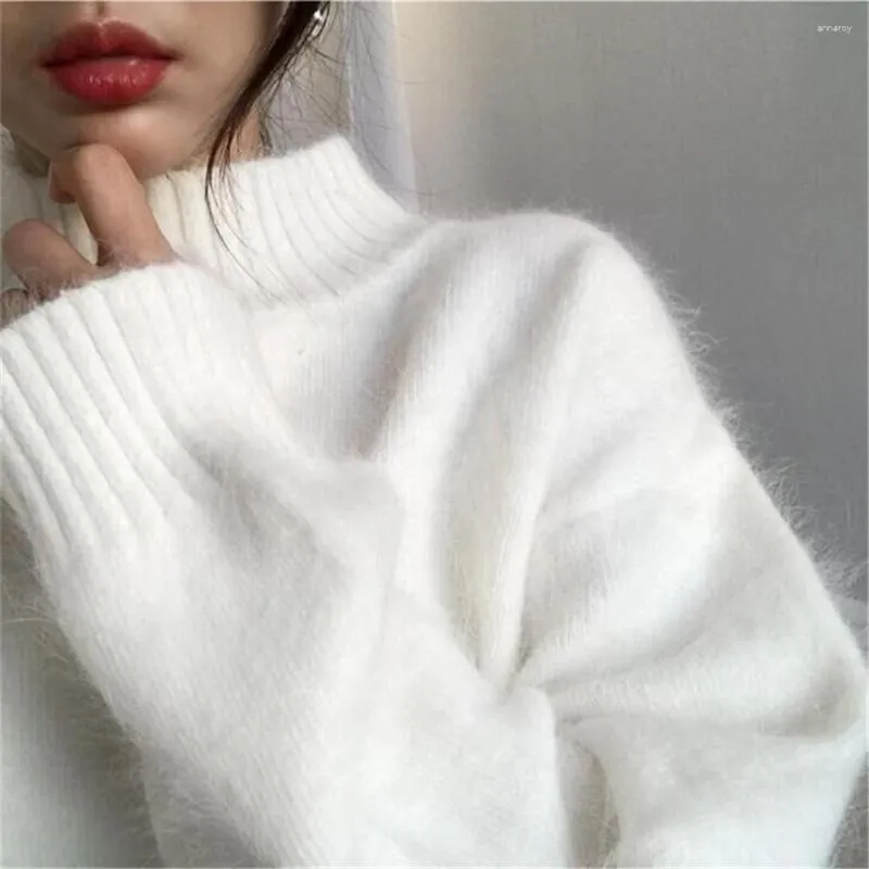 Kobiety swetry kobiety mohair zewnętrzne noszenie białego wysokiego kołnierza swetra jesień i zimowy wełna wełna luźna kaszmirowa kaszmirowa top