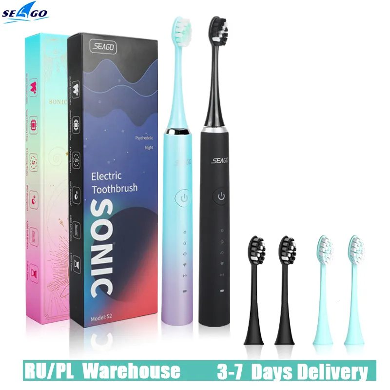 Toothbrush Seago S2 Sonic Electric Toothbrush 5 Modes Whitening Tooth brush 2 Minute Smart Timer IPX7 With 3pcs Replacement Brush Heads 230719