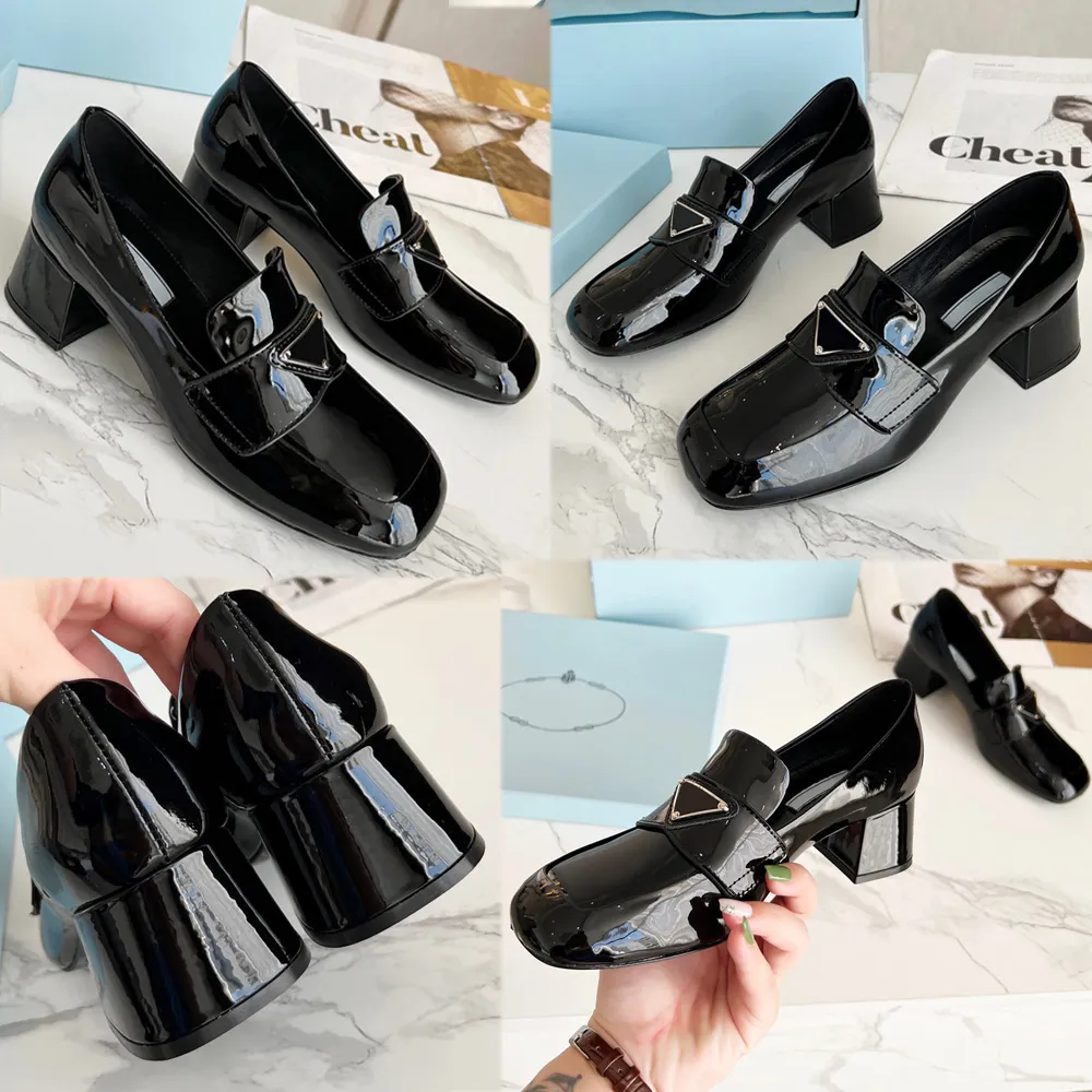 Popular womens designer loafers upper with triangle logo Spring Summer new glow patent Leather Loafers formal casual square head loafers nude shoes size 35 42