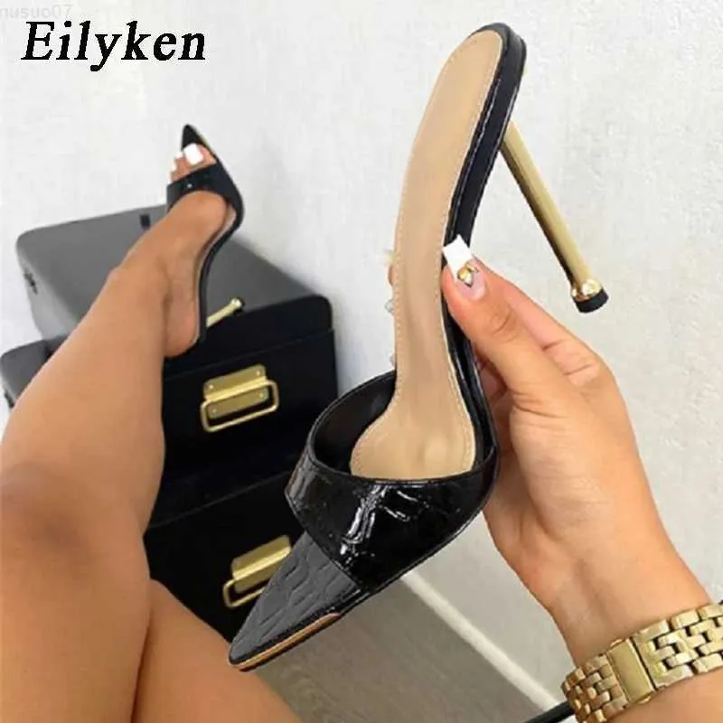 Sandalen Eilyken Snake Print Strappy Mule Frauen Dünne High Heels Hausschuhe Sandalen Spitz Peep Toe Slides Party Flip-Flops Schuhe L230720