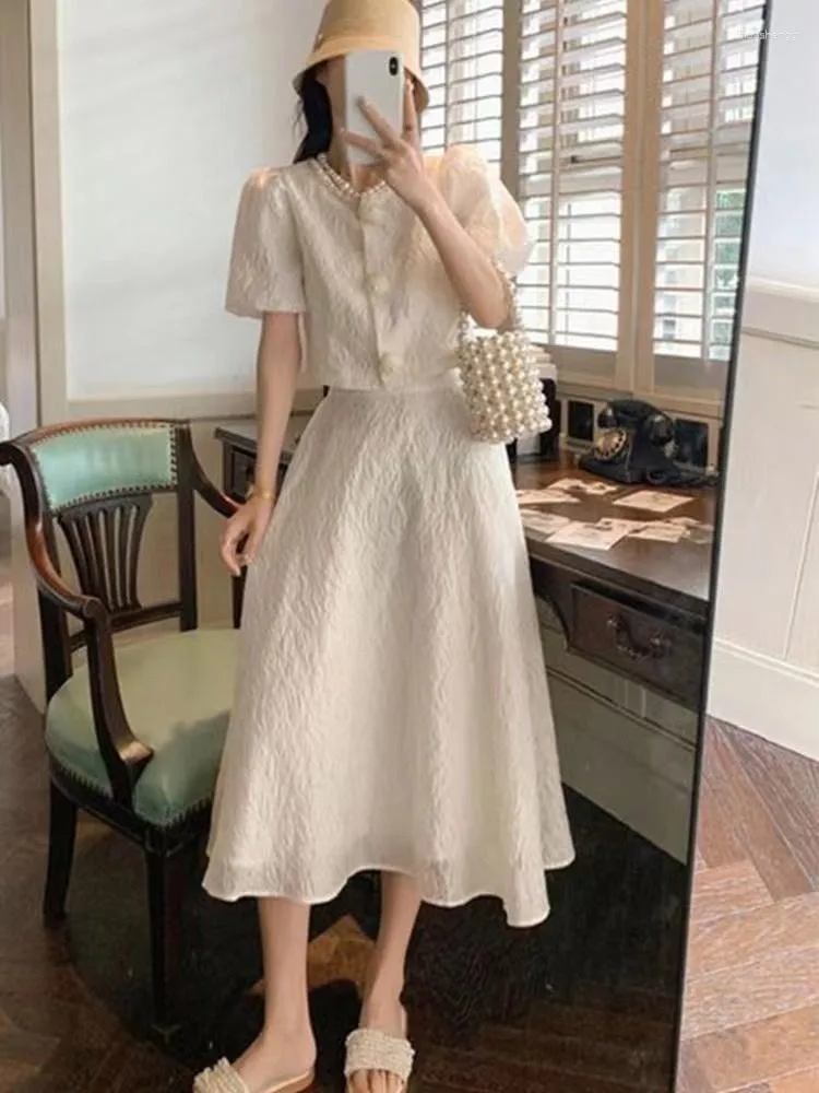 Work Dresses 2023 Spring Summer Small Fragrant Women Short Sleeve Tops Two Piece Set High Waist Beading Bust Skirt Female 2