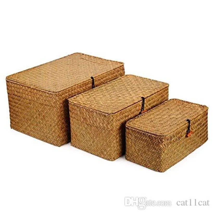 Panier de rangement rectangulaire en jonc de mer tissé à la main avec couvercle et bacs de rangement pour la maison Ensemble de 3 Ensemble de 3 S M L267S