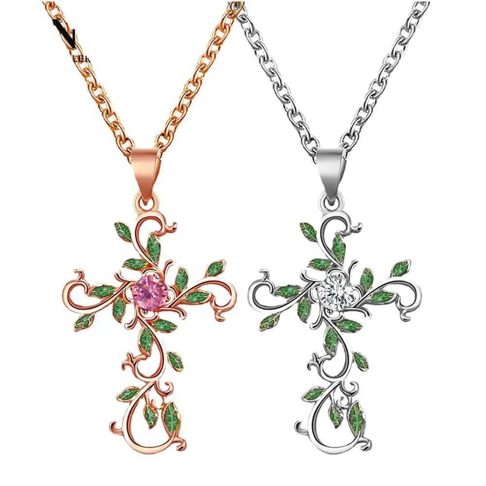 Niedliche Bling-Kubikzirkonia-Halskette mit personalisiertem Blumenkreuz, bunter Diamant-Blattkragen, Roségold, ästhetische Anhängerkette, Schmuck, Halsbänder, Accessoires für Frauen