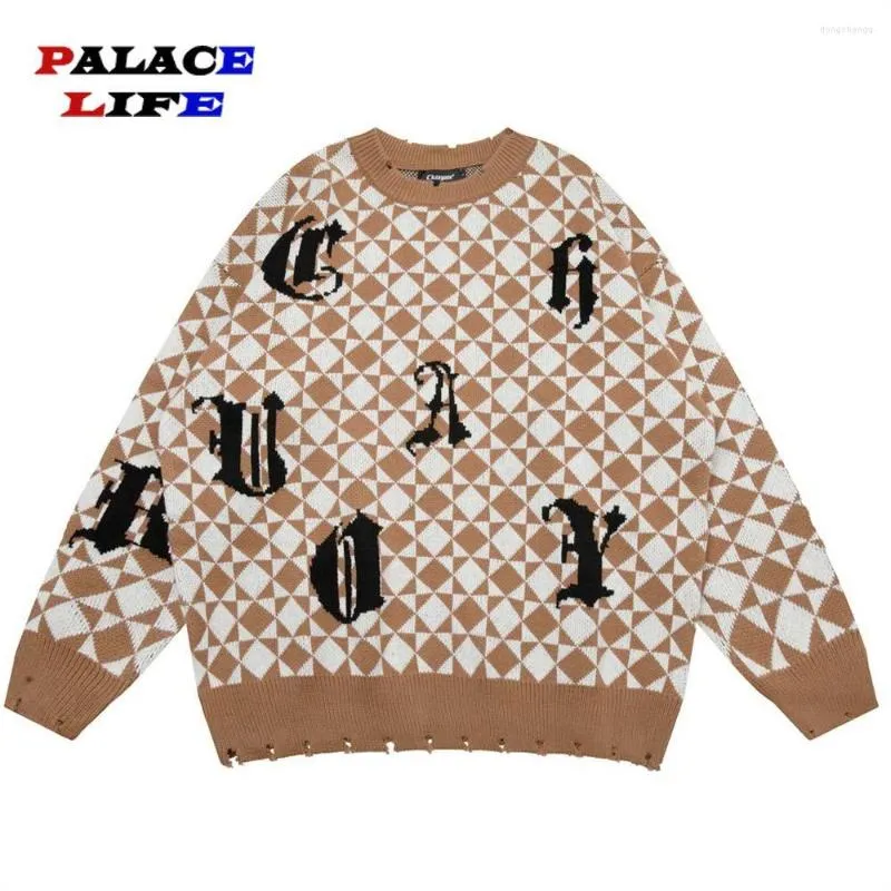 Men's Sweaters Men Hip Hop Knitted Jumper Letter Diamond Lattice Streetwear Couple Harajuku Autumn Oversize Casual Fashion Pullovers