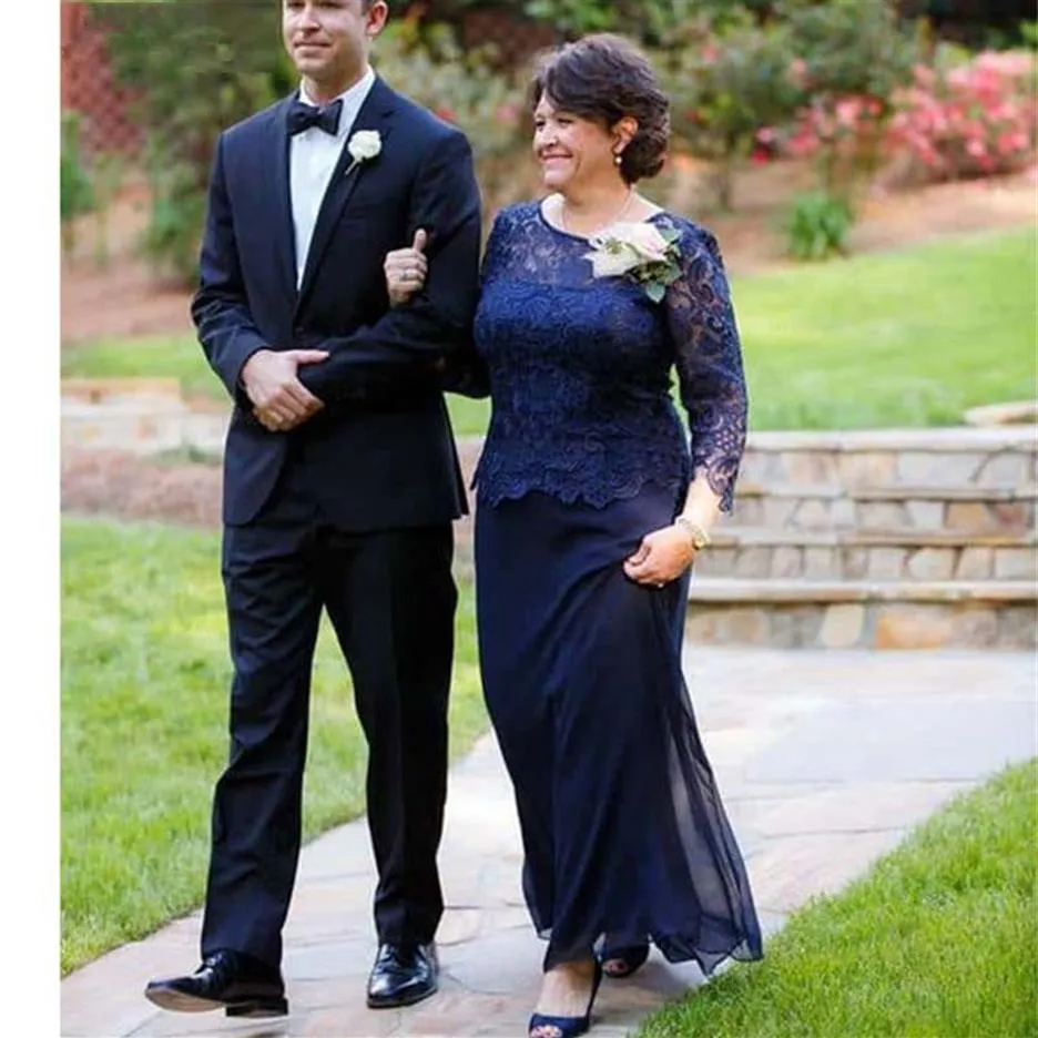 navy Blue Mother Of The Bride Dresses crew peplum A-line Long Sleeves Chiffon Lace Plus Size Long Groom Mother Dresses For Wedding280p