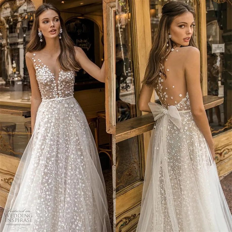 2020 Muse by Berta Wedding Sukienki Iluzja Sheer Tiul Backless Suknie ślubne szaty de soiree seksowna behamian liniowa sukienka ślubna 249g