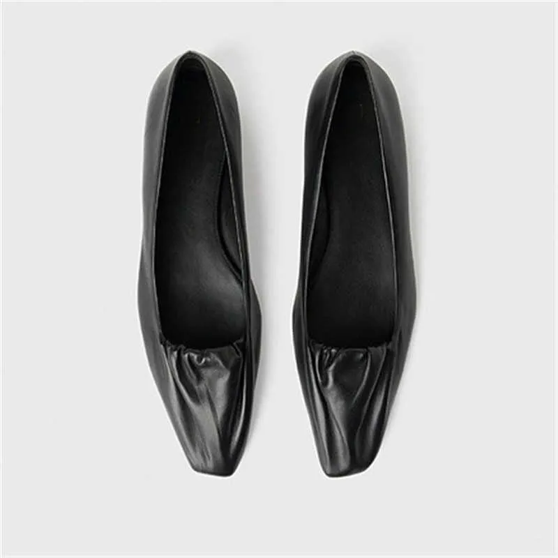 Toteme designer schoenen origineel ondiepe zwarte schoenen zuivere lamskijnweer dames mond puntige geplooide enkele schoenen schapenvacht plat bodem balletschoenen 2JHF