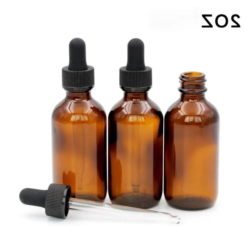 Frascos de vidro âmbar de 60 ml com conta-gotas dispensador de tampa preta, frascos conta-gotas de vidro de 2 onças para perfumes de óleos essenciais 192 pçs/lote 384 pçs oqbm