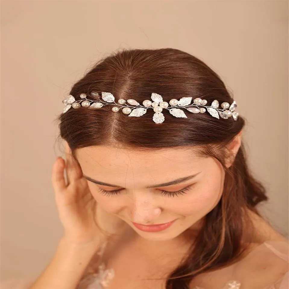 Headpieces na moda liga de prata folha pérola casamento headband moda nupcial cocar para mulheres acessórios de cabelo feito à mão festa baile de formatura245g