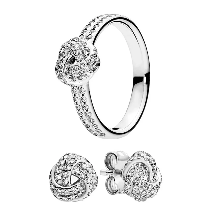 Shimmering Knot Ring Stud Earrings Set for Pandora 925 Sterling Silver designer Jewelry set For Women Girls Luxury Crystal Diamond Rings Earring with Original Box