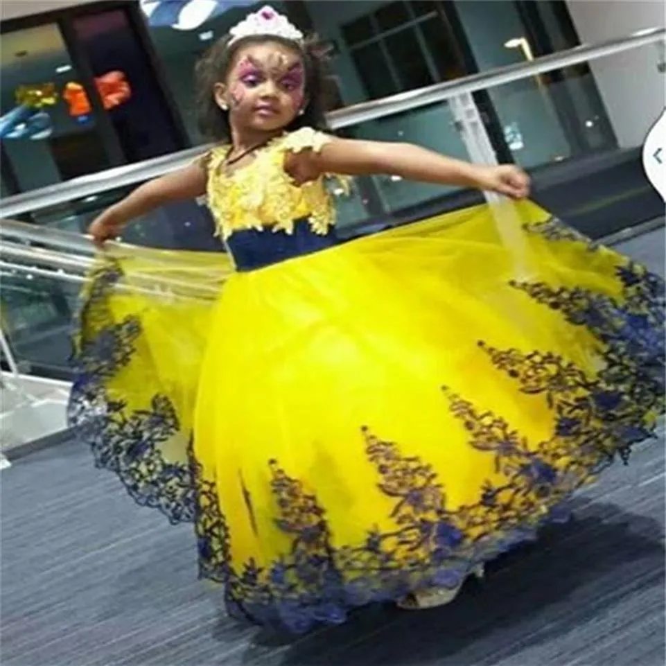 2019 Yellow and Royal Blue Lace Little Flower Girls' Dresses Bridal Party Cinderella Princess Style Ball Gowns For Weddings K238Q