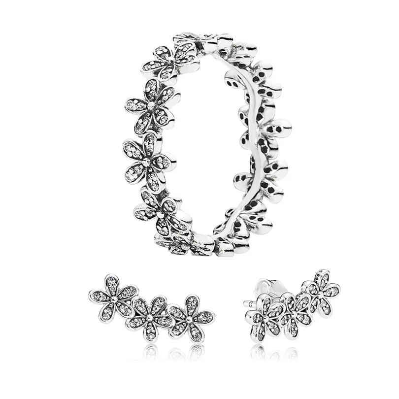 Kolczyki stadninowe Daisy Flower Pierścień biżuteria do Pandora Real 925 Srebrne designerskie pierścionki dla kobiet dziewczęta krystaliczne diamentowe kolczyki z oryginalnym pudełkiem