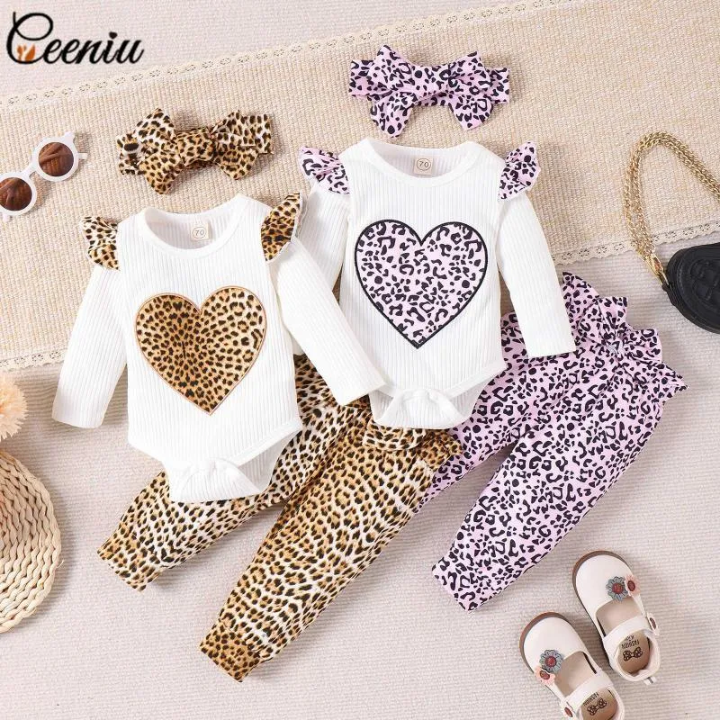 Giyim setleri ceeniu 0-24m kız bebek sonbahar kıyafetleri kalp romper bowknot leopar baskılı pantolon 3pcs kız kıyafetleri doğdu