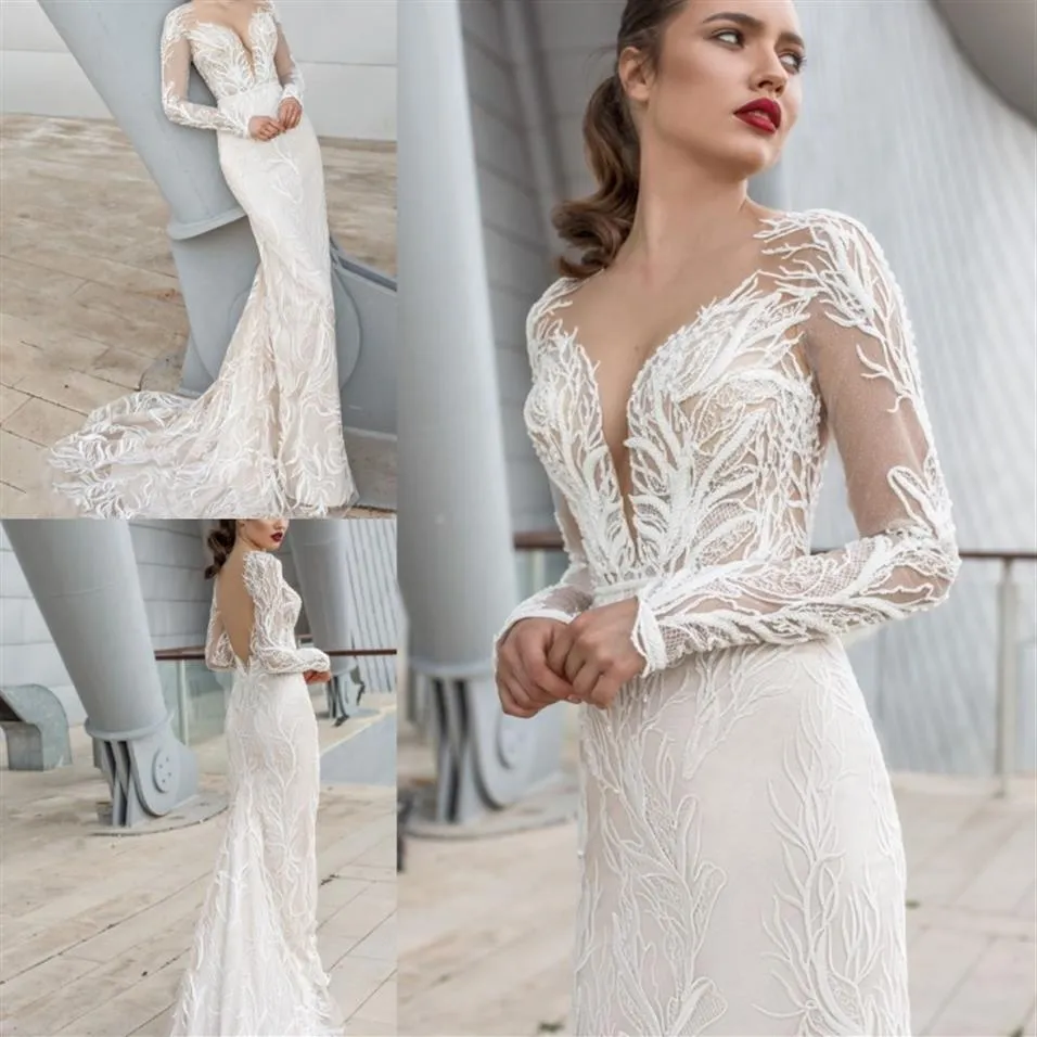 Riki Dalal 2022 robes de mariée printemps à manches longues dentelle appliques perlées dos nu balayage Train robes de mariée234C