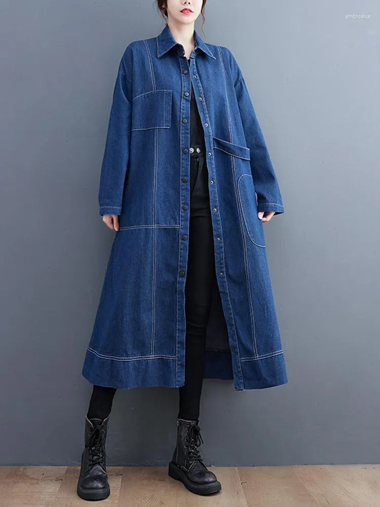 Kvinnors dike rockar denim lapptäcke blå vintage överdimensionerad lång kappa för kvinnor kläder casual lös ytterkläder mode höst vinter 2023