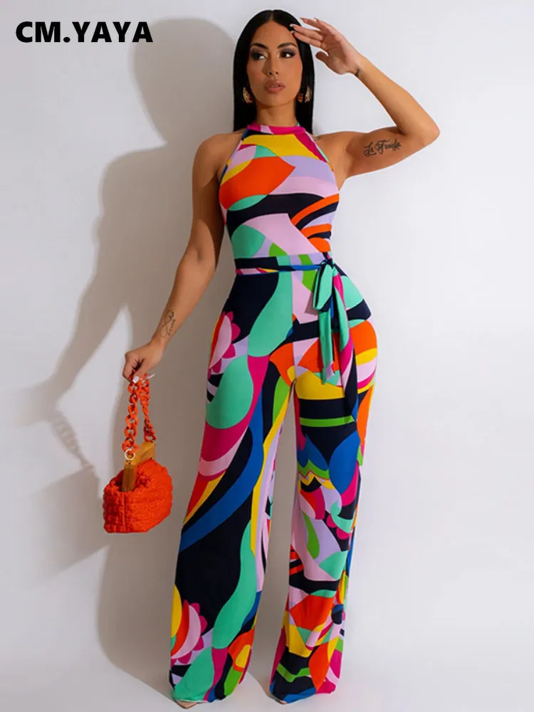 Women's Jumpsuits Rompers CM.YAYA Fashion Women Tie Dye Print Sleeveless with Sashes Wide Leg Elastic Jumpsuit Summer Playsuit Suit Romper 230719