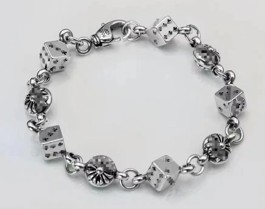 Classic Bracelet for Men and Women Retro Thai Silver Cross Dice Bracelet Punk