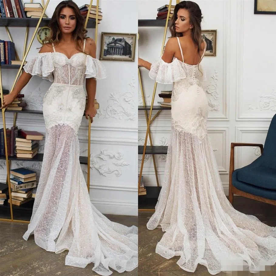 Sexy Uit de Schouder Mermaid Trouwjurken Boho Luxe Crystal Kralen Spaghettibandjes Sweep Trein Kant Trouwjurk vestido de243n