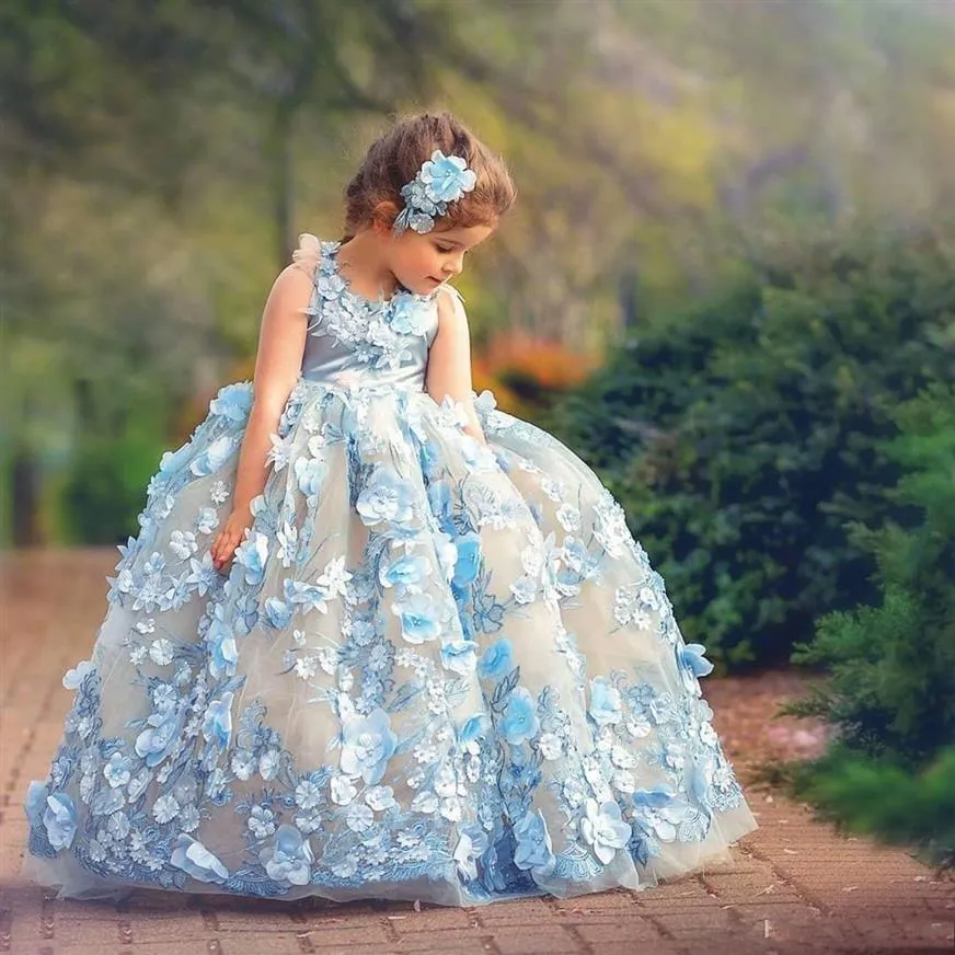 Grazioso abito da ballo principessa abiti da ragazza di fiori per la cerimonia nuziale 3D abiti da spettacolo per bambini con applicazioni floreali lunghezza del pavimento plffy tulle bambini 215z