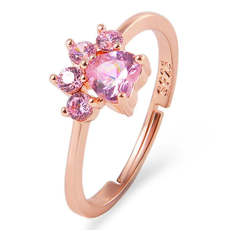 Mignon dessin animé ouvert chat griffe chat empreinte bague pour femme rose Zircon cristal réglable fête d'anniversaire cadeau bijoux accessoires