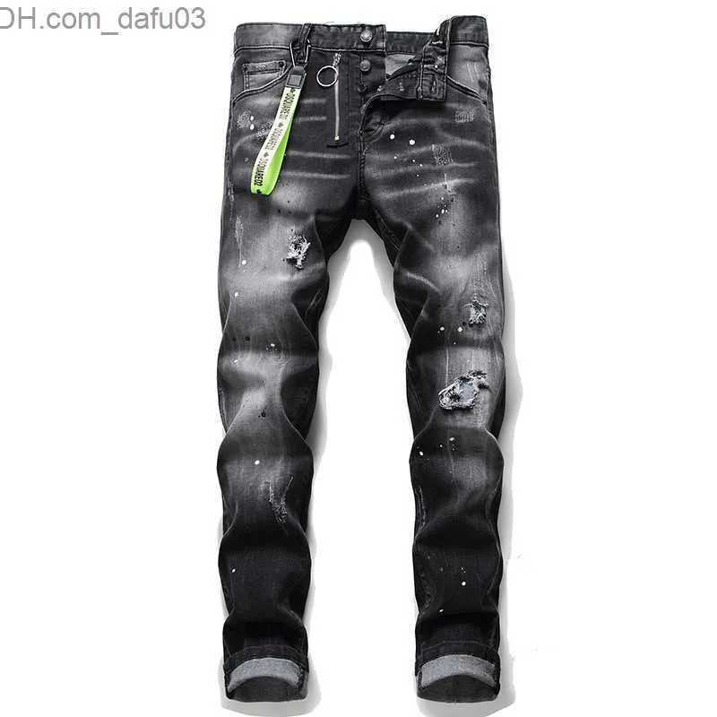 Men's Jeans Mens Pants Jeans Men Ripped Patched Badge Painted Jeans Straight Slim Fit Hip Hop Casual Denim Jean For Man Broken Holes Boys Y23 Z230801