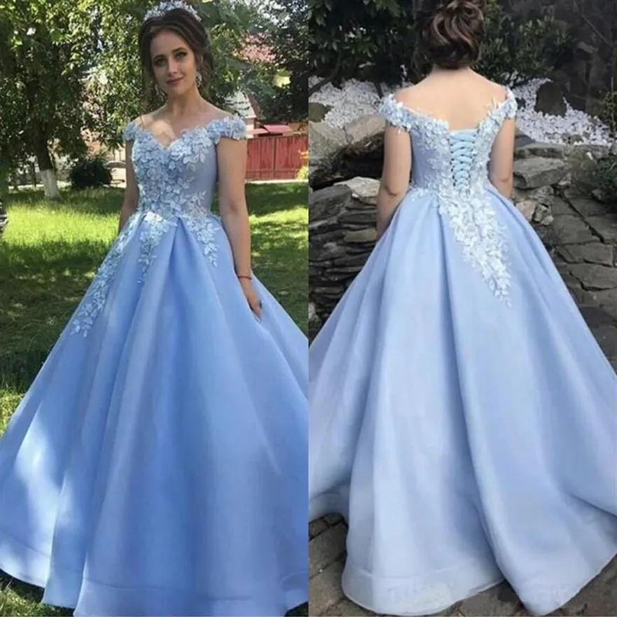 Fengyudress Light Blue Off ShourdeldA-Line Quinceanera Dressesアップリケ3D花の袖なしPleted Sweet 16 Prom Gowns2494