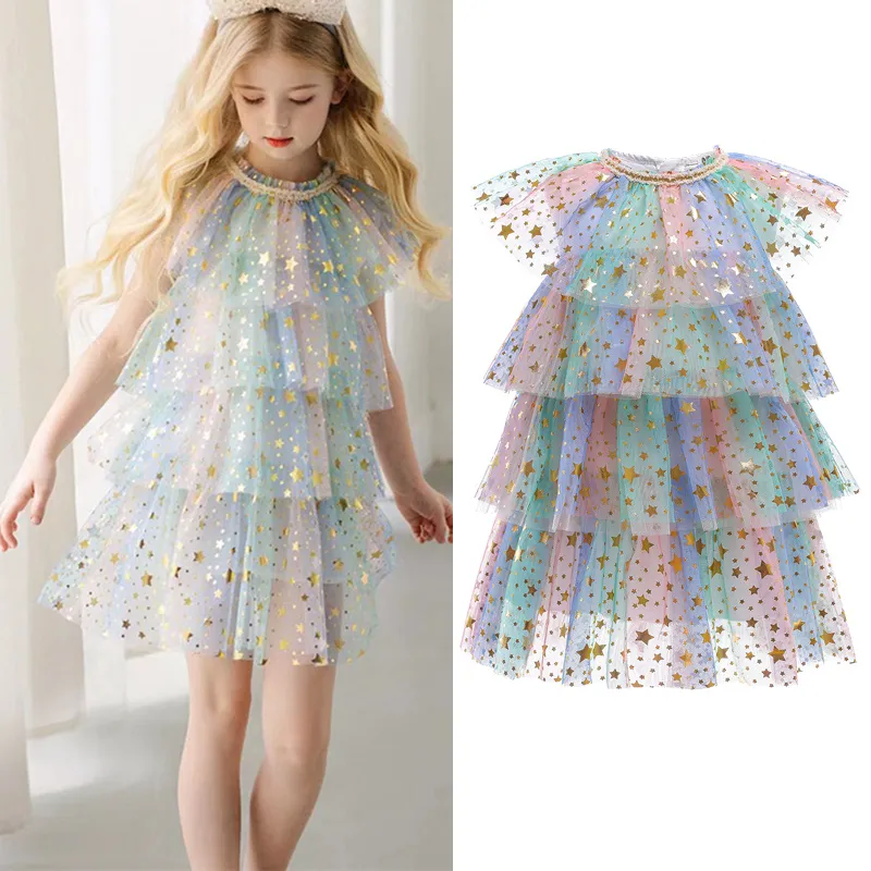 Girls Ruffle Princess Dress Fring Lace Tule Star Sequint