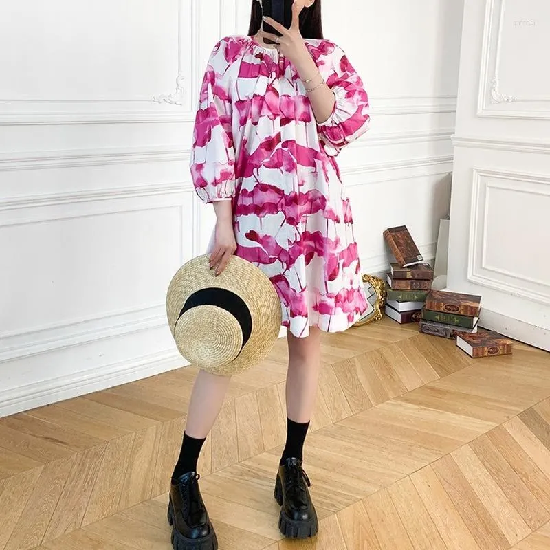 Casual Dresses Women's Pink Printed O-Neck MNI Dress 2023 Summer Puff Sleeves Temperament Loose Short Robe Female For Party and Wedding