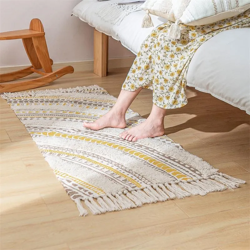 Tapis Tufting Coton Lin Tapis Pour Tissé À La Main Maroc Tapis Imprimé Glands Tuftés Avec Tapis Antidérapant Jeter Tapis De Bain Paillasson