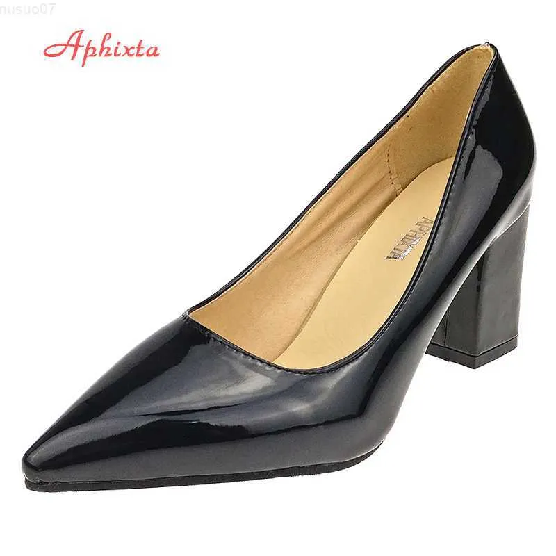 サンダルaphixta Shoes女性先頭のつま先ポンプサパトフェミニーノ7.5cm高さの正方形のかかと特許革ファッションワークブラックパーティーシューズL230720