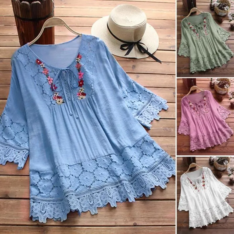 Women's Blouses Pullover Shirt Anti-Pilling Summer Blouse V-Neck Chic Crochet Lace Trim Flower Decor Casual Workwear