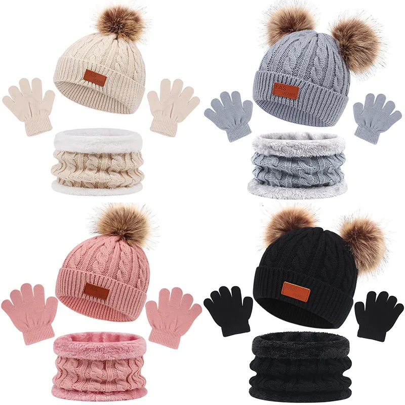 Czapki czapki 3PCS Winter Baby Hat Shalify Zestaw Silny kolor masa maluchka Śliczna pompom dzianina ciepłe niemowlęta akcesoria 1 5y 230720