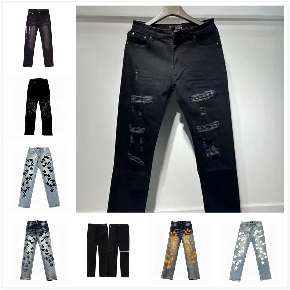 2023 Designer Herren Jeans High Street Lila für Männer Stickerei Hosen Damen Oversize Ripped Patch Hole Denim Straight Fashion Streetwear Slim