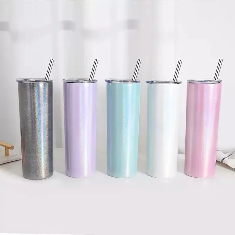 Sublimation Blank 20Oz Straight Glitter Skinny Gobelets En Acier Inoxydable Mince Voyage Glitter Tumbler Bouteille D'eau Tasse Pour presse à chaud