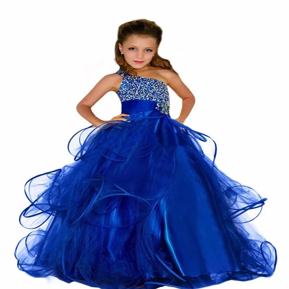 Royal Blue Girls Pageant Dress Une épaule Diamants Ruffles Jupe à volants Une ligne Flower Girl Dress Birthday Party Robes Custom Siz259f