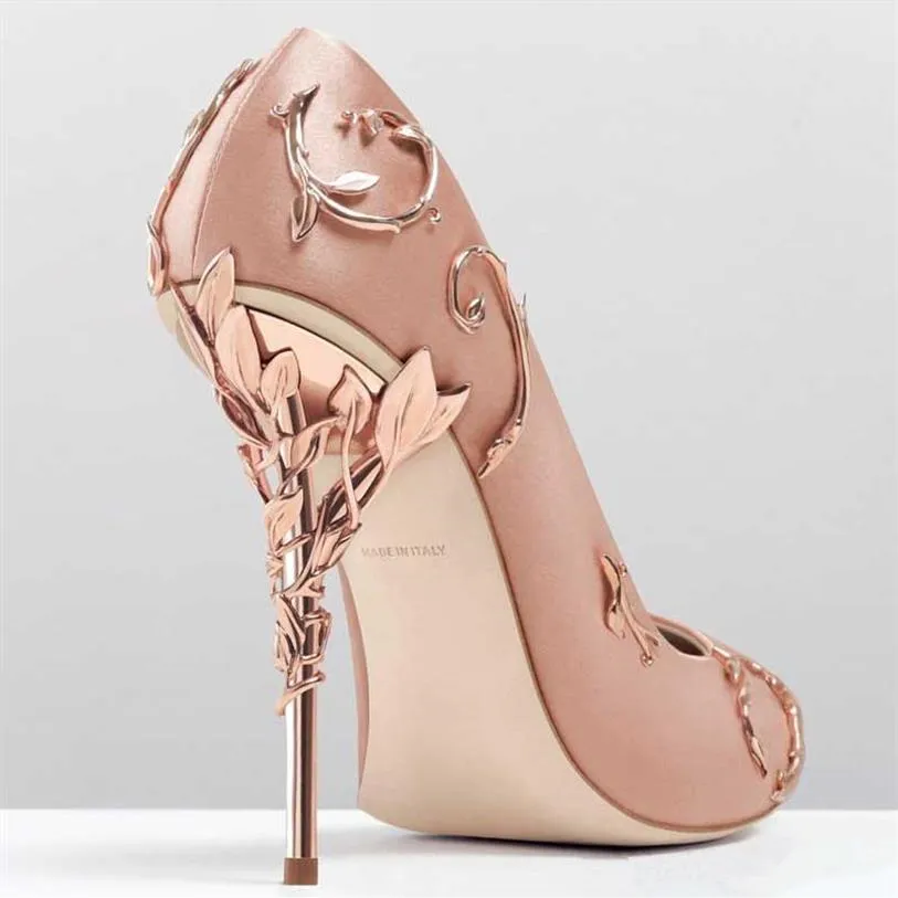 Pearl Pink rose gold Stain Gold Leaves Bridal Wedding Shoes Modest Fashion Eden High Heel Women Party Evening Party Dress Shoes241a