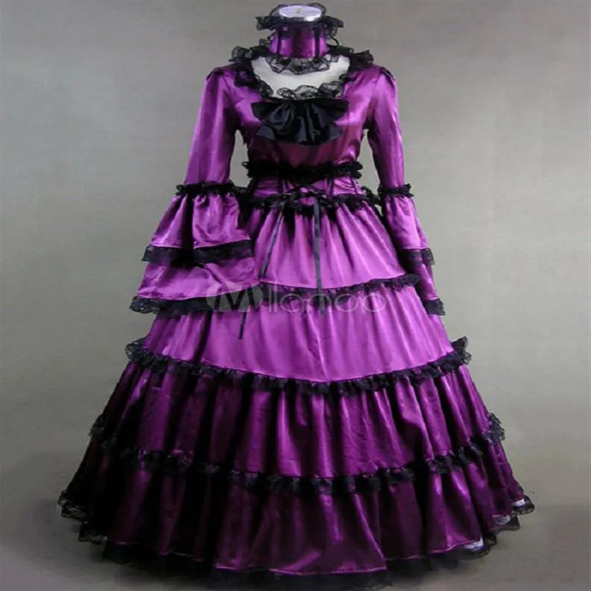 Robes de mariée gothiques violettes victoriennes médiévales 18ème costume mascarade manches longues robes de soirée de mariage pleine longueur à plusieurs niveaux Recep265b