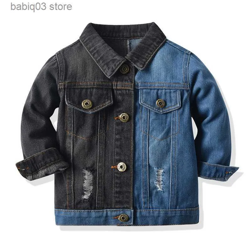 재킷 2021 어린이 청바지 새로운 봄 제품 중립 컬러 차단 패션 장 Jean Jacket Jacket Casual Children 's Wear T230720