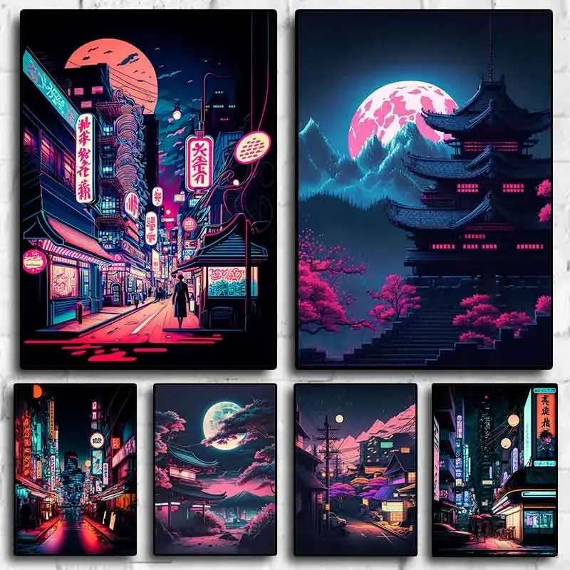 80s Pop Neon Vaporwave Japan Tokyo City Night Street Canvas Schilderij Esthetiek Natuurlijk Landschap Posters Prints Art Living Room Home Wall Decor w06