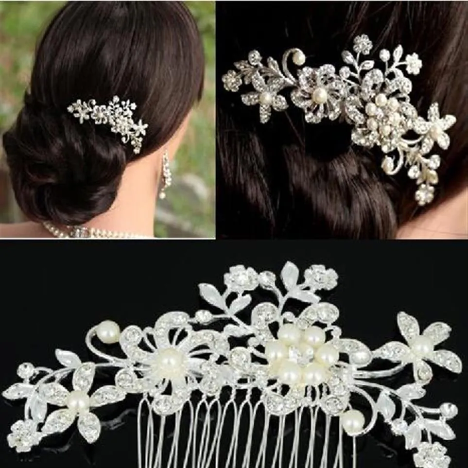 Fashion Bridal Wedding Tiaras Fantastisk strass fin kam Brudsmycken Tillbehör Crystal Pearl Hair Brush 274J