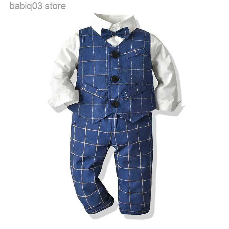 Conjuntos de roupas outono cavalheiro infantil colete xadrez camisa branca pura calça infantil conjunto de três peças T230720