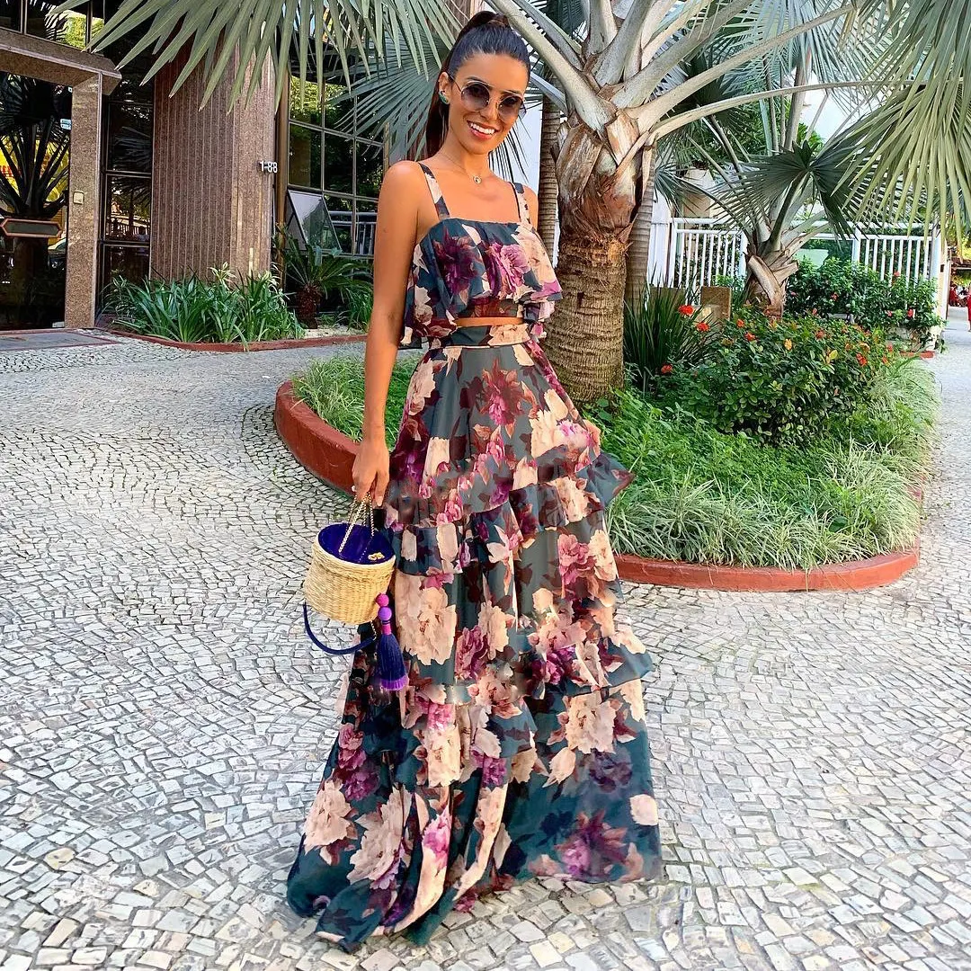 Robes Décontractées Basiques Femmes Robe Boho Deux Pièces Ensemble Bretelles Spaghetti Sans Manches Longue Maxi Robe Casual Vintage Imprimé Floral Pad Crop Top Robe De Plage 230719